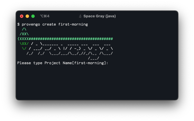 A console running the Provengo tool’s create command